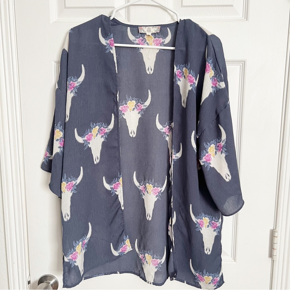Pink Rose | Blue Kimono With Bullhead Skulls